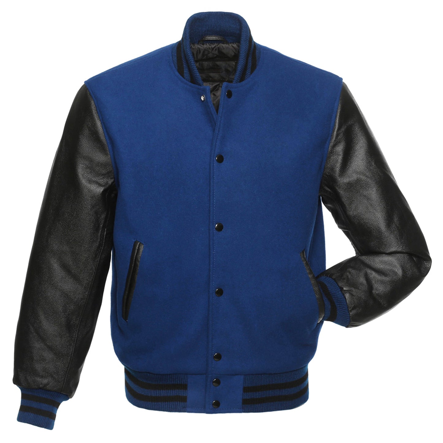 Navy Blue Body Black Leather Sleeves Jacket Varsity Jacket Custom Made Jacket