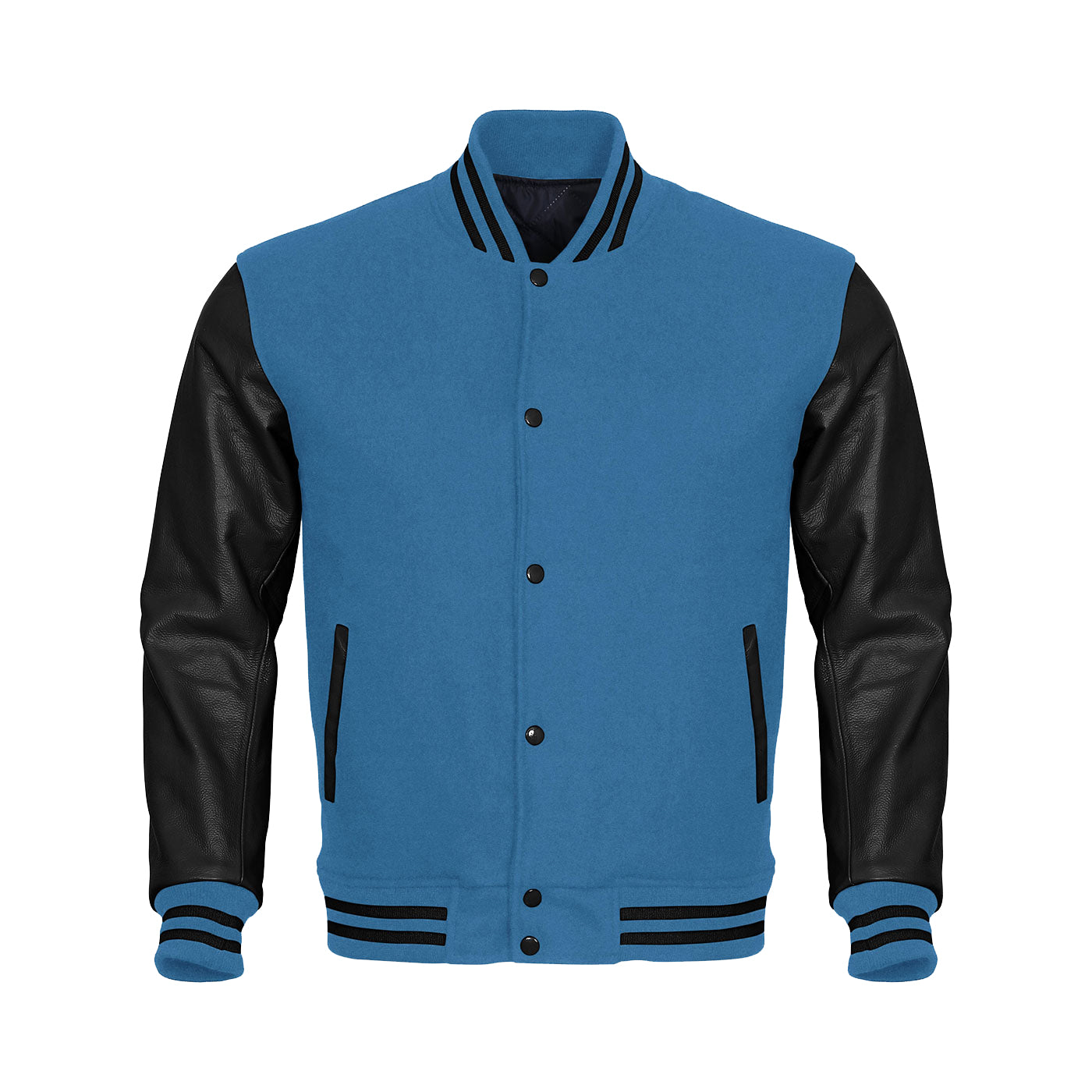 Sky Blue Body Black Leather Sleeves Jacket Varsity Jacket Custom Made Jacket