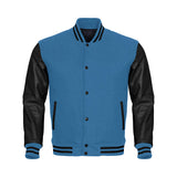 Sky Blue Body Black Leather Sleeves Jacket Varsity Jacket Custom Made Jacket