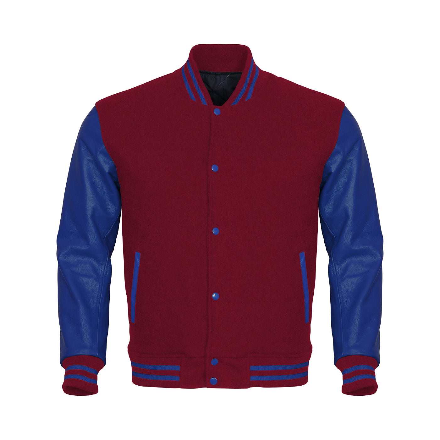 Maroon Body Blue Leather Sleeves Jacket Varsity Jacket Custom Made Jacket