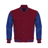 Maroon Body Blue Leather Sleeves Jacket Varsity Jacket Custom Made Jacket