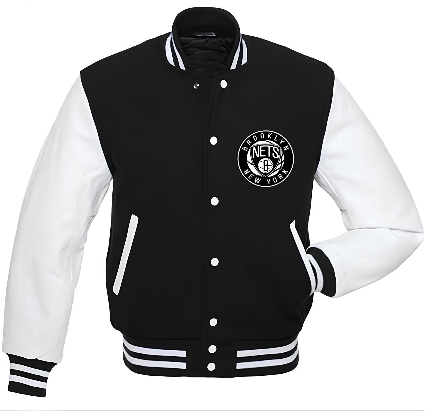 Brooklyn Nets Black Body White Leather Sleeves Jacket