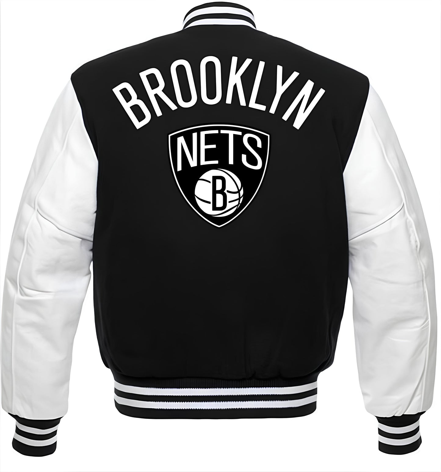 Brooklyn Nets Black Body White Leather Sleeves Jacket