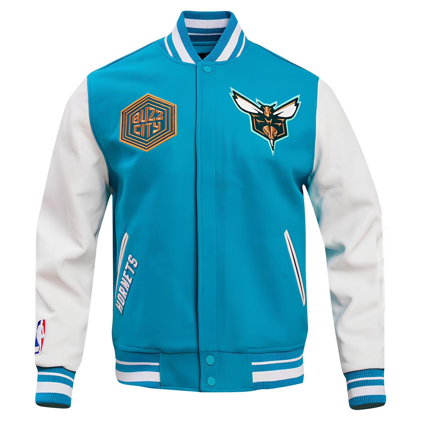 Charlotte Hornets Sky Blue Body White Leather Sleeves Jacket Varsity Jacket Baseball Jacket
