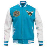 Charlotte Hornets Sky Blue Body White Leather Sleeves Jacket Varsity Jacket Baseball Jacket