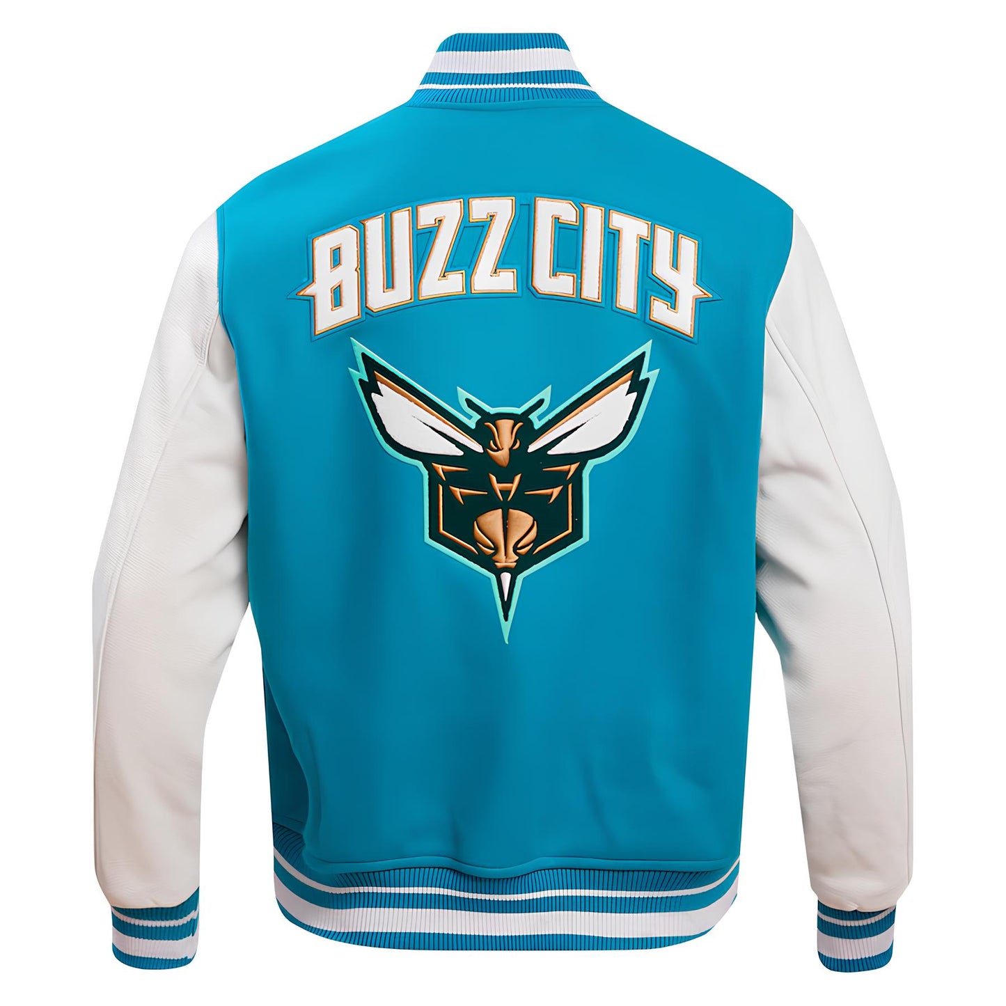 Charlotte Hornets Sky Blue Body White Leather Sleeves Jacket Varsity Jacket Baseball Jacket