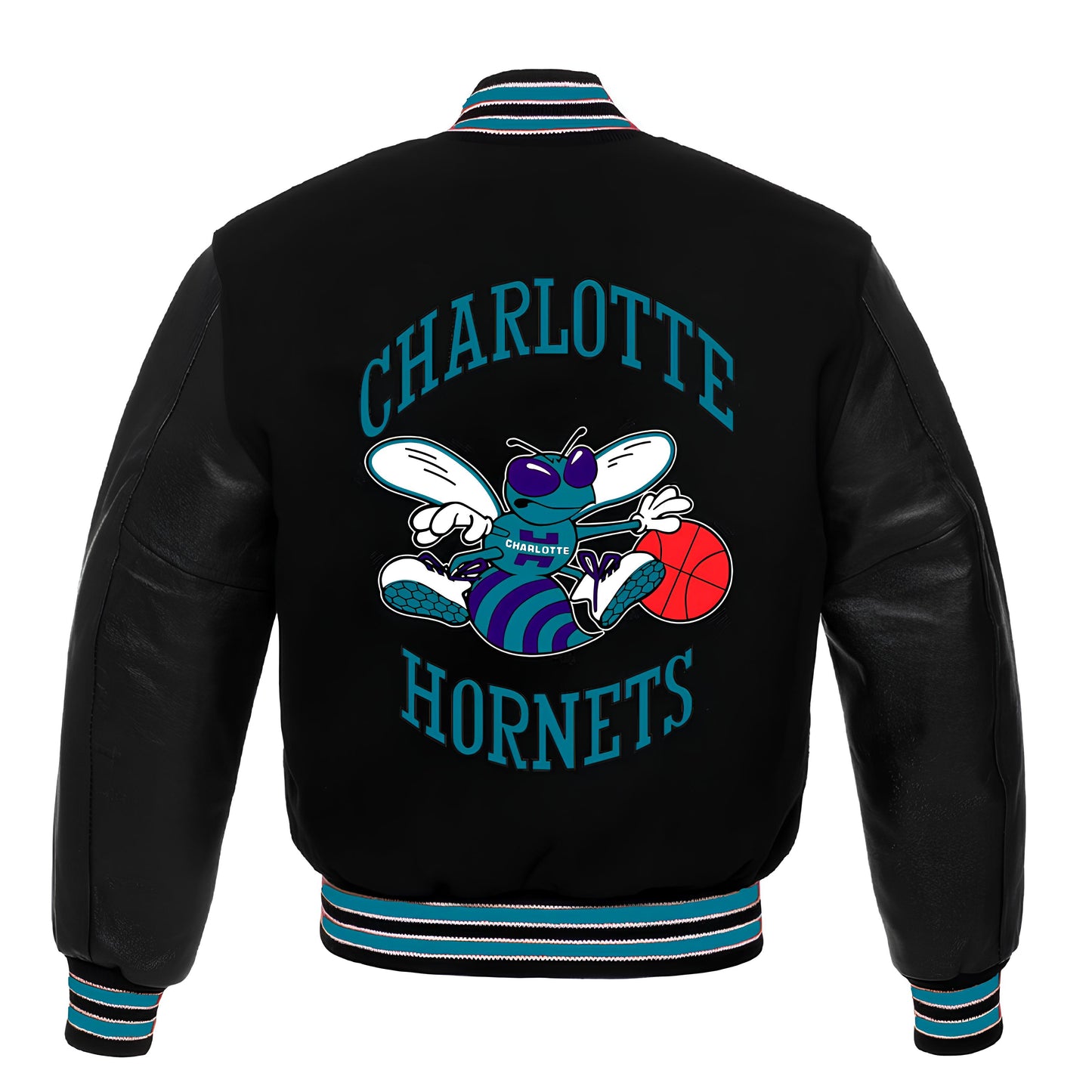 Charlotte Hornets Black Body Black Leather Sleeves Jacket varsity Jacket Custom Made jacket