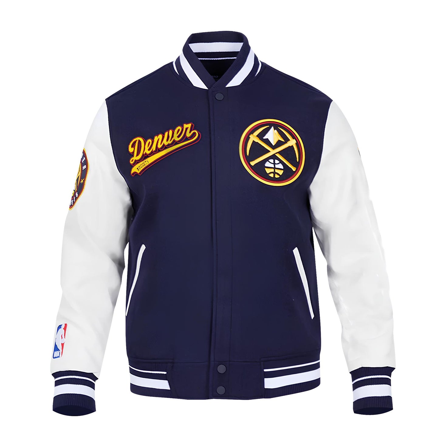 Denver Nuggets Navy Blue Body White Leather Sleeves Varsity Jacket Custom Made jacket Letterman Jacket