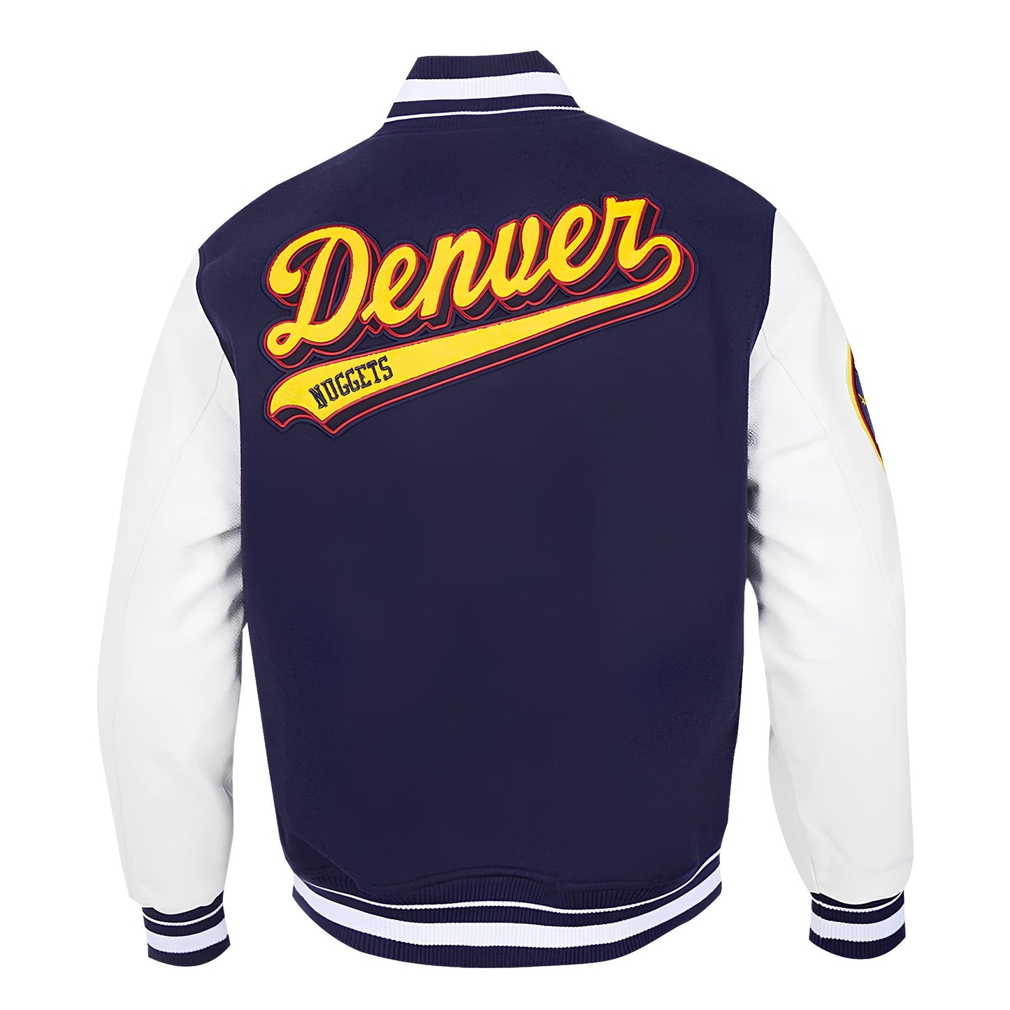 Denver Nuggets Navy Blue Body White Leather Sleeves Varsity Jacket Custom Made jacket Letterman Jacket