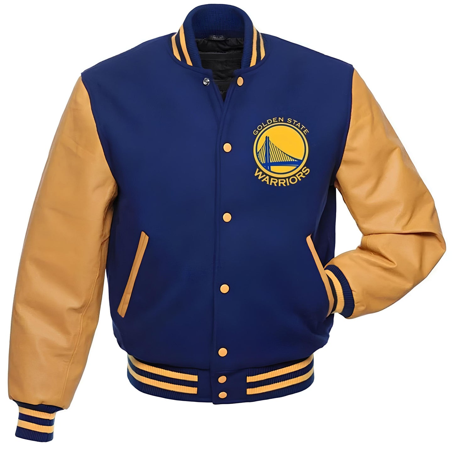 Golden State Warriors Navy Blue Body Gold Leather Sleeves Varsity Jacket Custom Made jacket Letterman Jacket