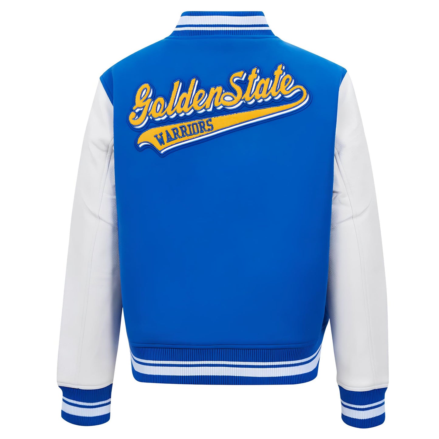 Golden State Warriors Royal Blue Body White Leather Sleeves Varsity Jacket Custom Made jacket Letterman Jacket