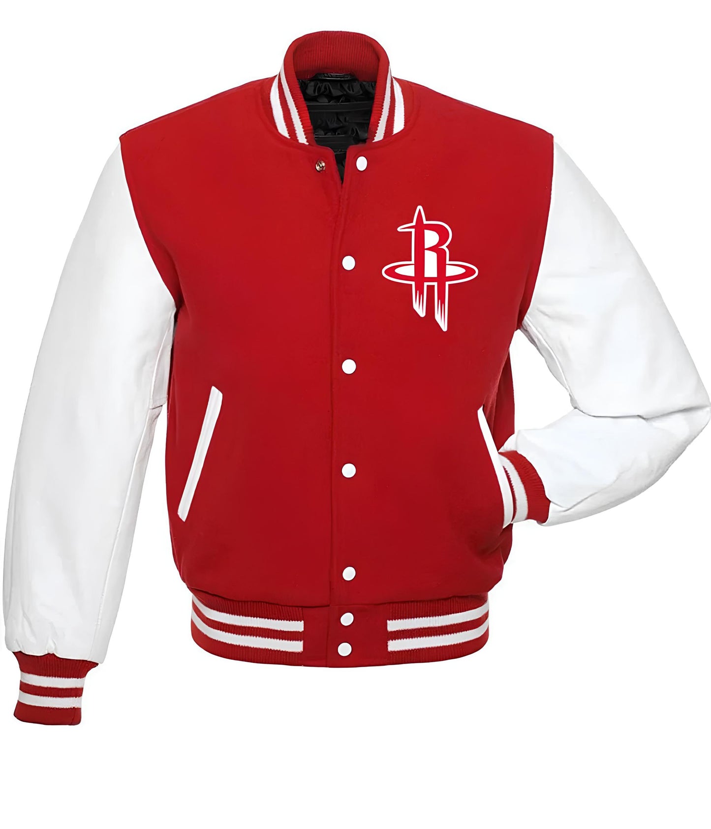 Houston Rockets Red Body White Leather Sleeves Varsity Jacket Custom Made jacket Letterman Jacket