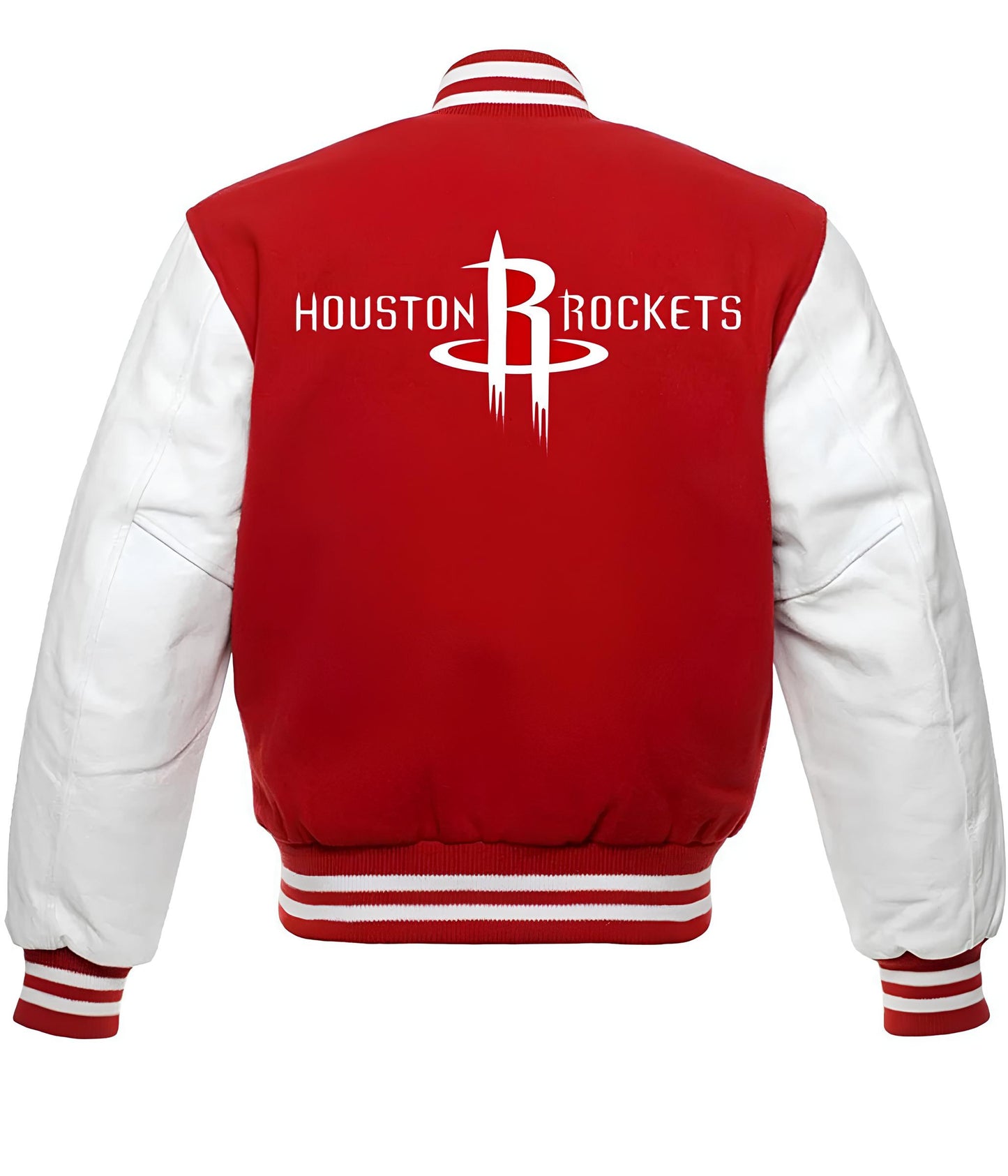 Houston Rockets Red Body White Leather Sleeves Varsity Jacket Custom Made jacket Letterman Jacket