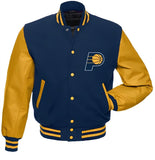 Indiana Pacers Navy Blue Body Gold leather Sleeves Varsity Jacket Custom Made jacket Letterman Jacket