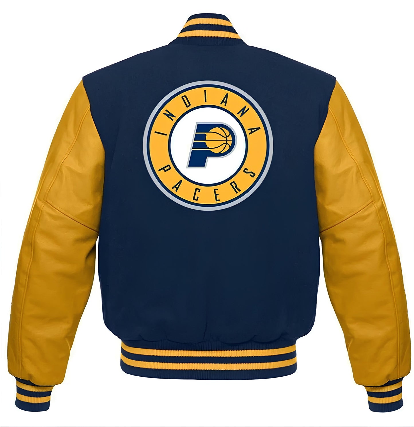 Indiana Pacers Navy Blue Body Gold leather Sleeves Varsity Jacket Custom Made jacket Letterman Jacket