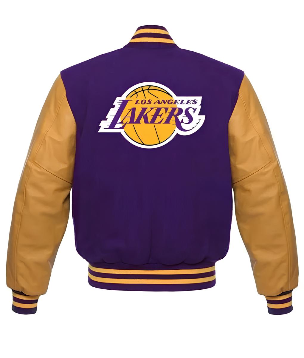 Los Angeles Lakers Purple Body Gold leather Sleeves Varsity Jacket Custom Made jacket Letterman Jacket