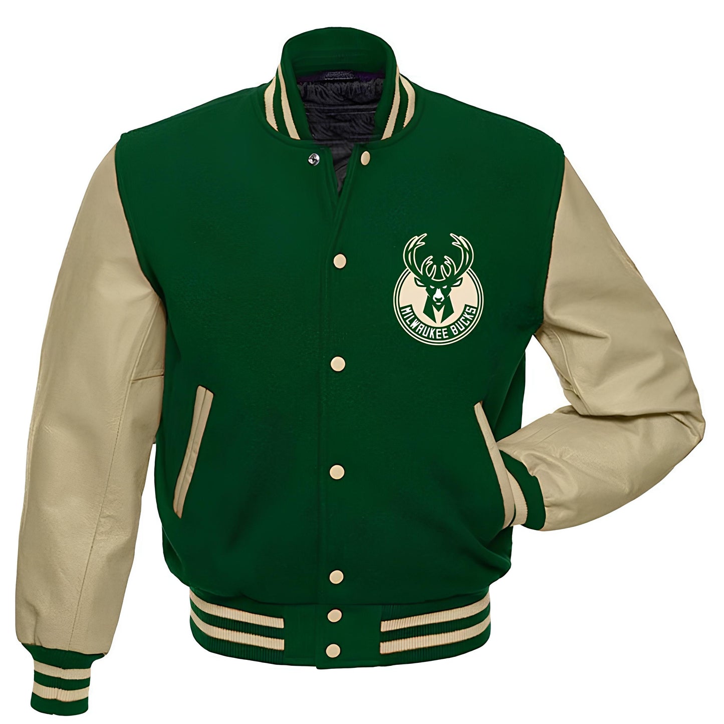 Milwaukee Bucks Green Body Cream Leather Sleeves Jacket Varsity Jacket Custom Made jacket Letterman Jacket