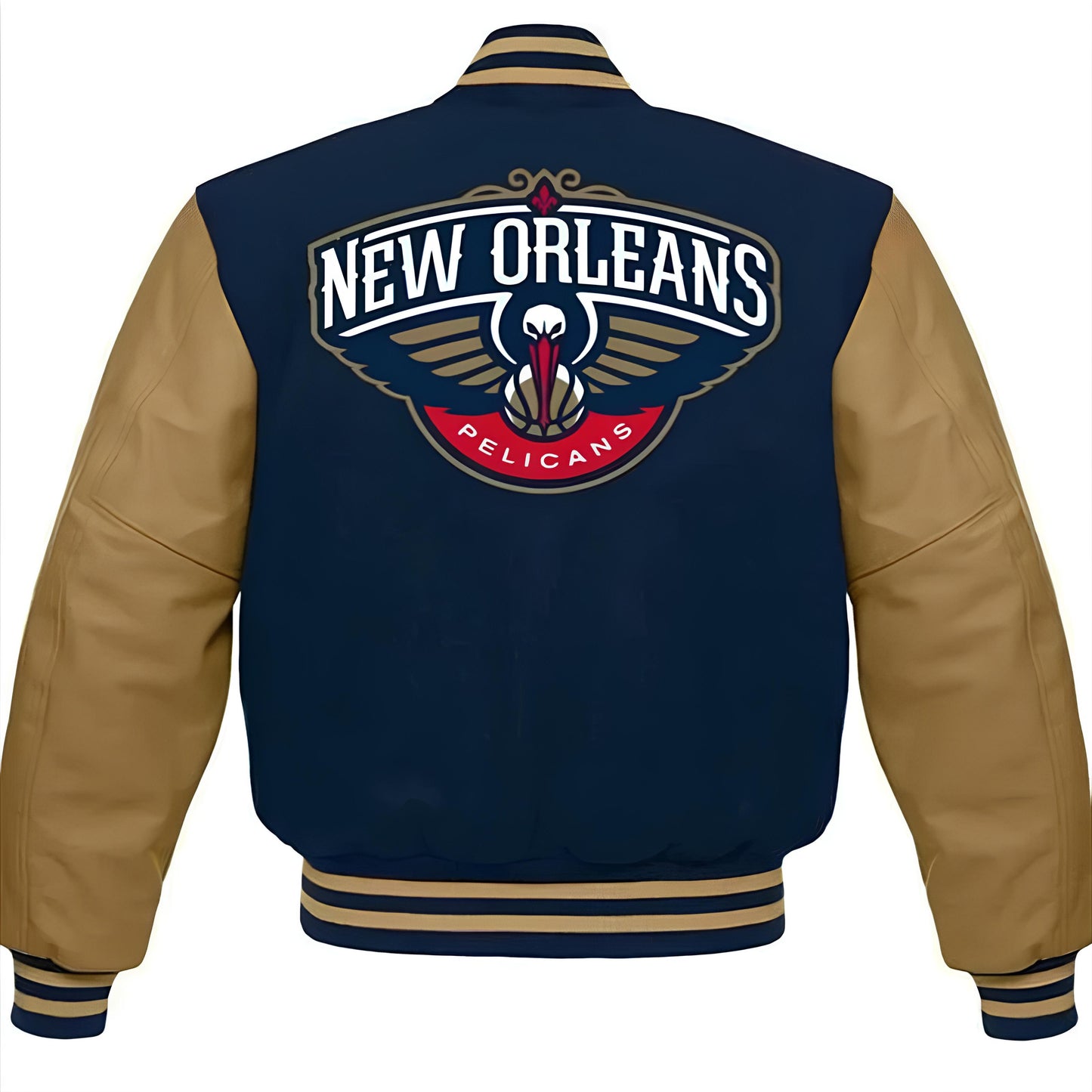 New Orleans Pelicans Navy Blue Body Cream Leather Sleeves Jacket Varsity Jacket Custom Made Jacket Letterman Jacket