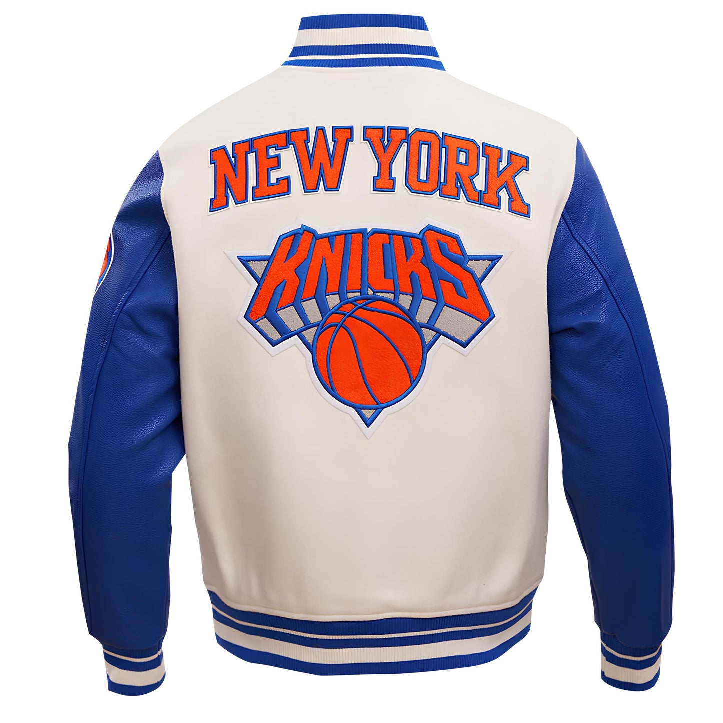 New York Knicks Off White Body Royal Blue Leather Sleeves Jacket Varsity Jacket Custom Made Jacket Letterman Jacket