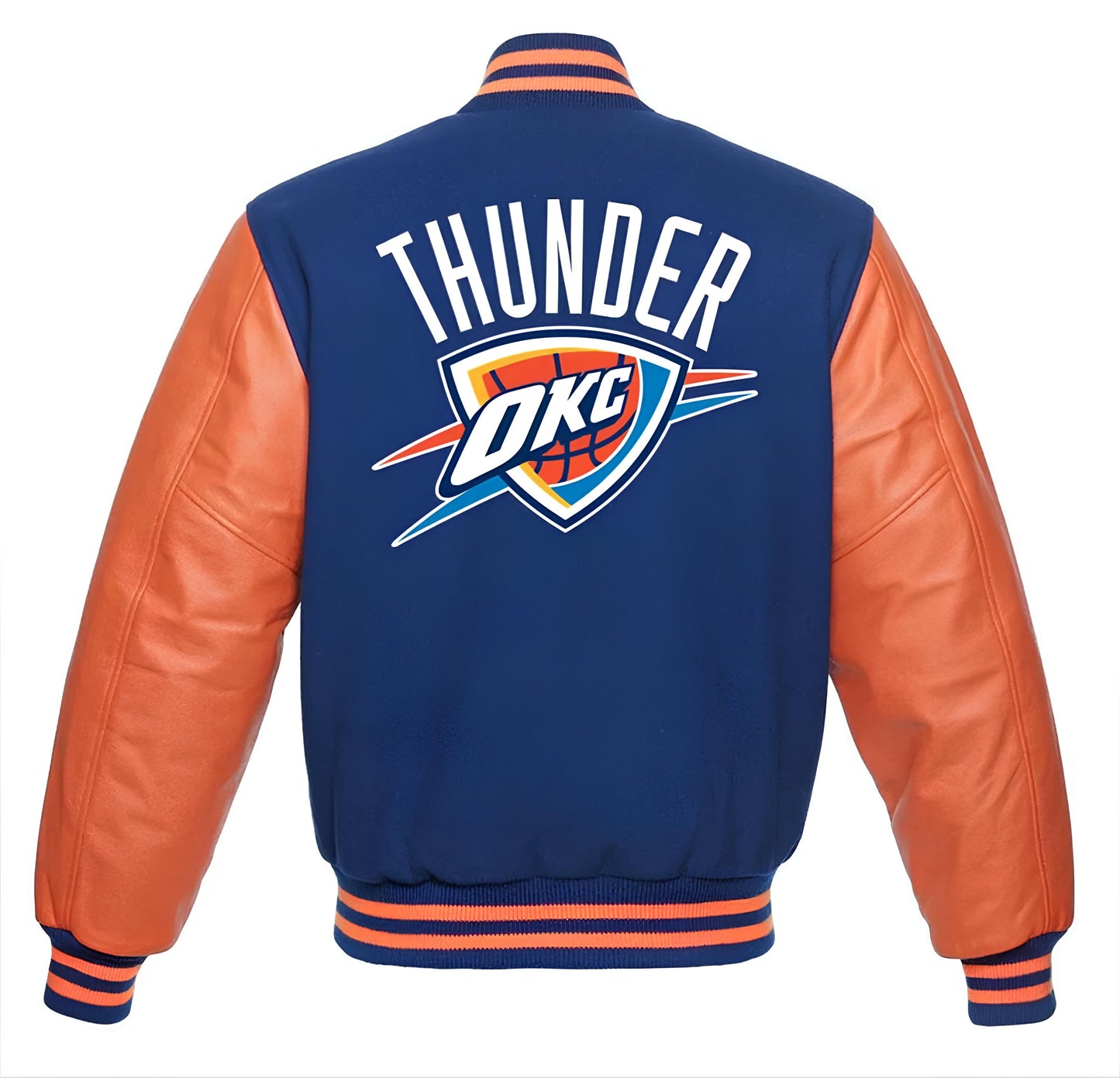 Oklahoma City Thunder Navy Blue Body Orange Leather Sleeves Jacket Varsity Jacket Custom Made Jacket Letterman Jacket