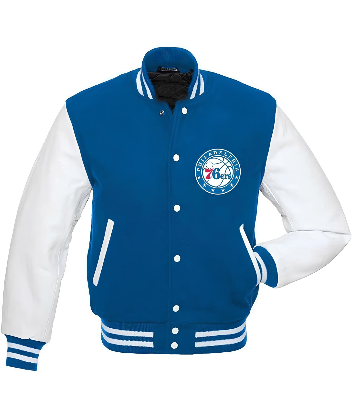 Philadelphia 76ers Royal Blue Body White Leather Sleeves Jacket Varsity Jacket Custom Made Jacket Letterman Jacket