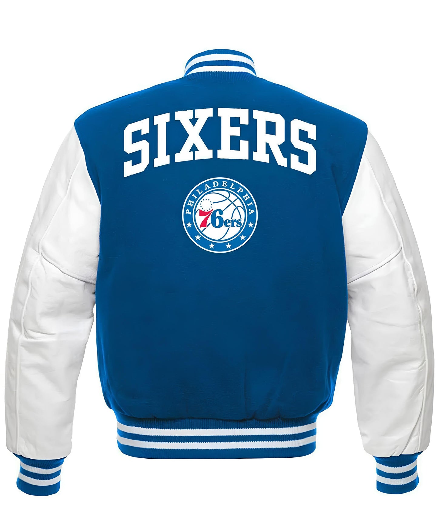 Philadelphia 76ers Royal Blue Body White Leather Sleeves Jacket Varsity Jacket Custom Made Jacket Letterman Jacket