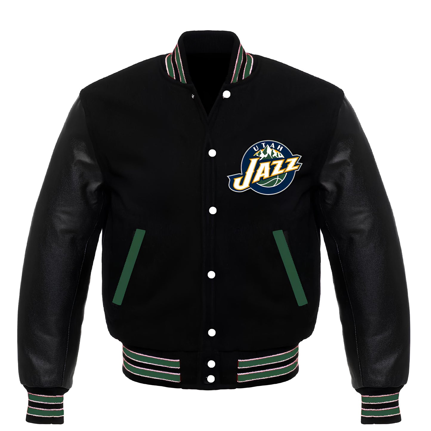 Utah Jazz Black Body Black Leather Sleeves Jacket Varsity Jacket Custom Made Jacket Letterman Jacket