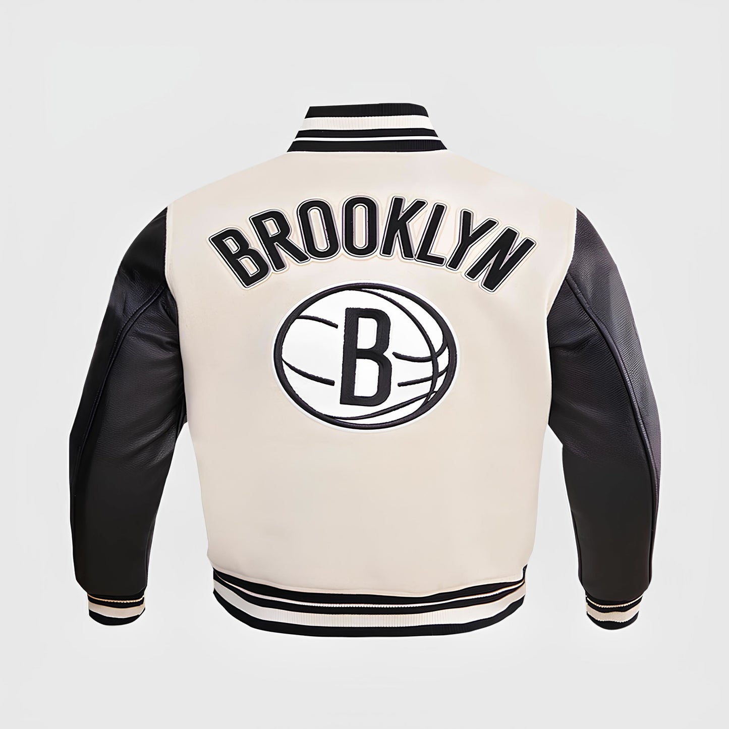 Brooklyn Nets Off White Body Black Leather Sleeves Jacket