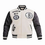 Brooklyn Nets Off White Body Black Leather Sleeves Jacket