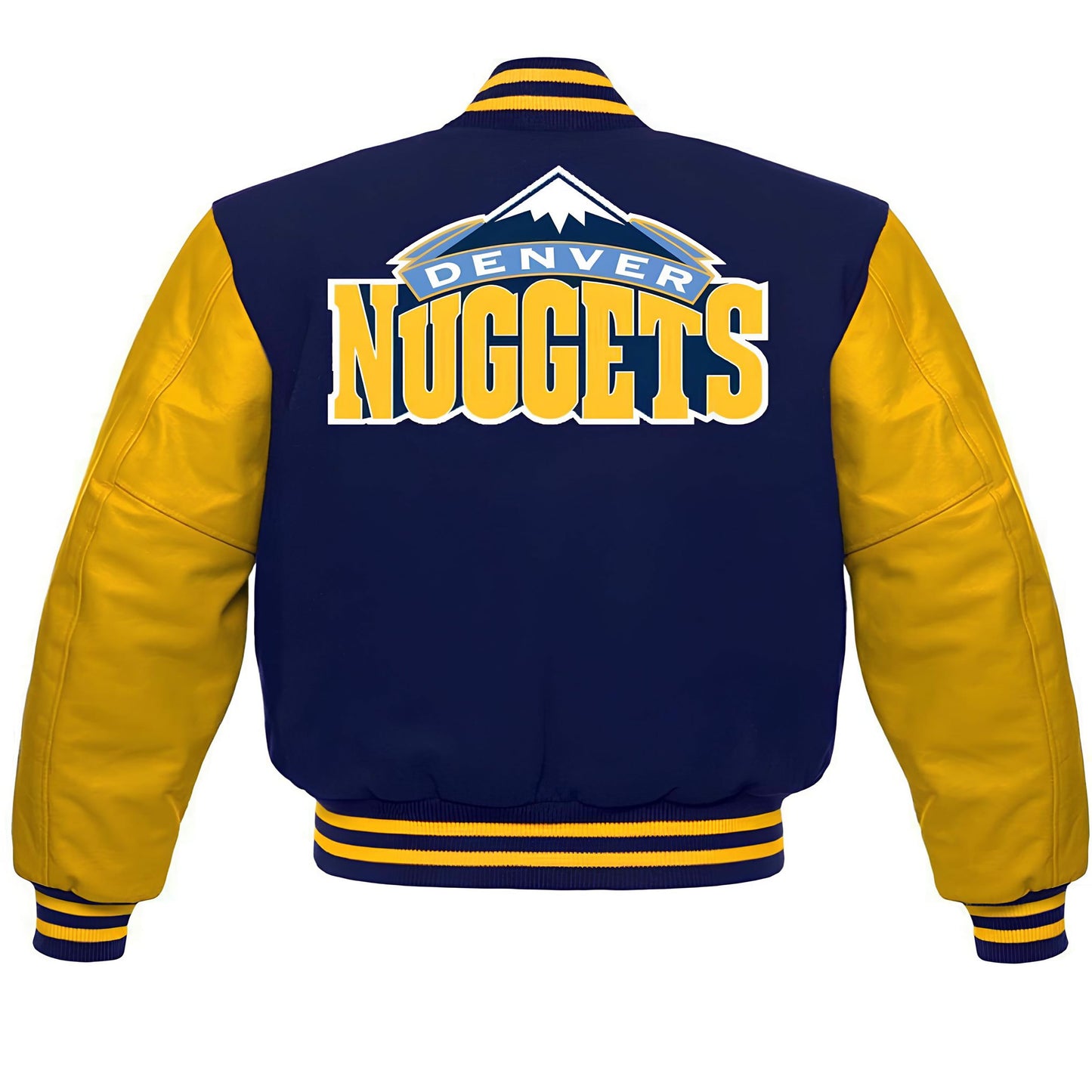 Denver Nuggets Navy Blue Body Yellow Leather Sleeves Varsity Jacket Custom Made jacket Letterman Jacket