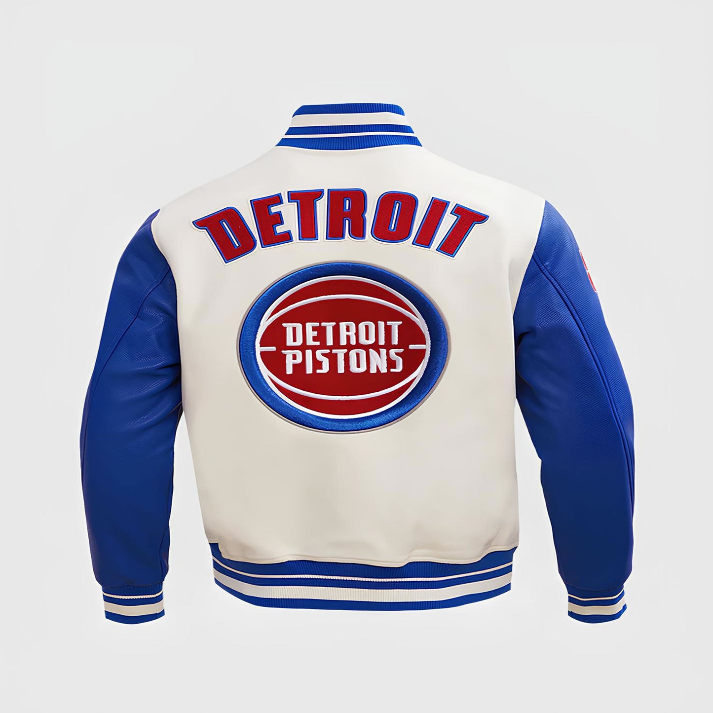 Detroit Pistons Off White Body Royal Blue Leather Sleeves Varsity Jacket Custom Made jacket Letterman Jacket