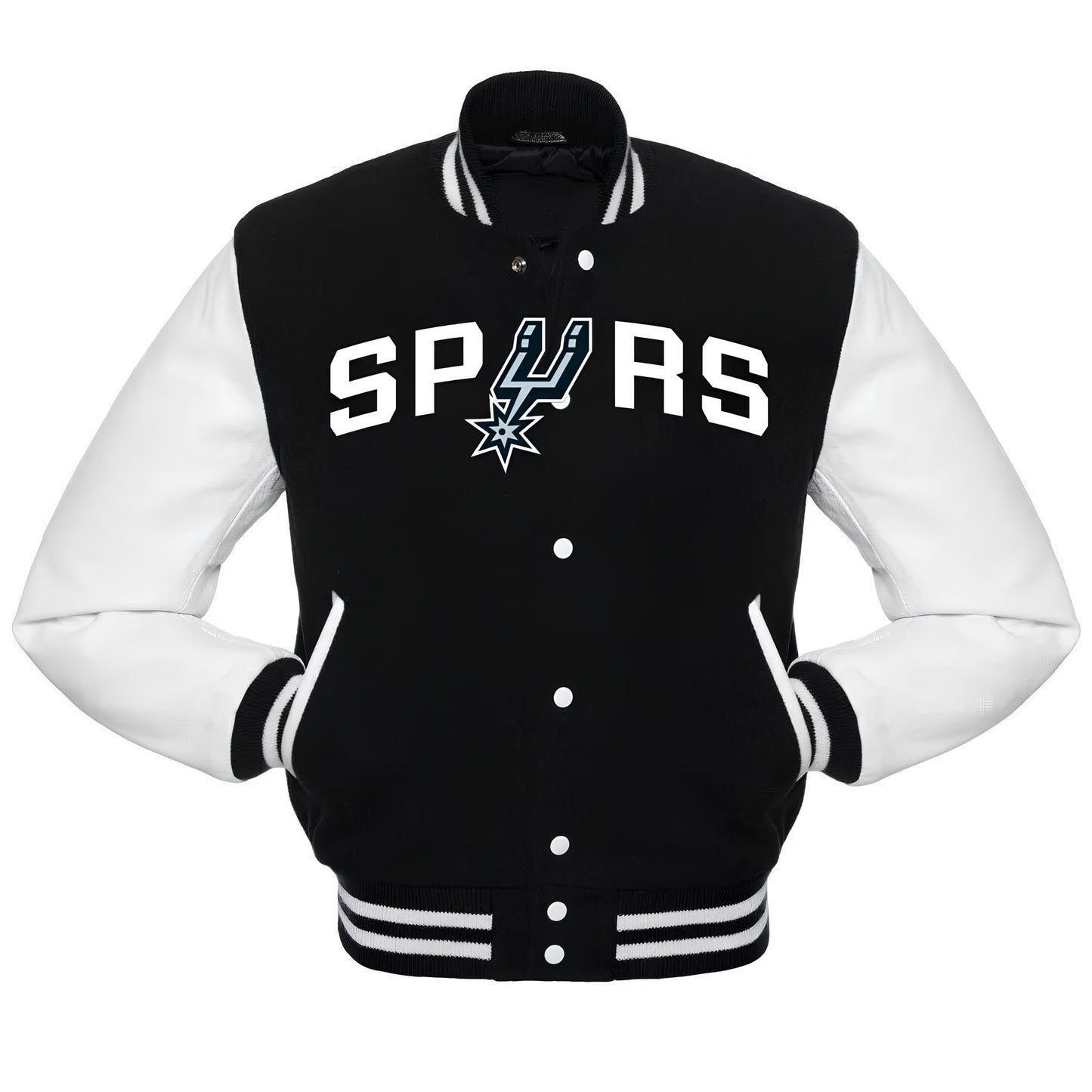 San Antonio Spurs Black Body White Leather Sleeves Jacket Varsity Jacket Custom Made Jacket Letterman Jacket