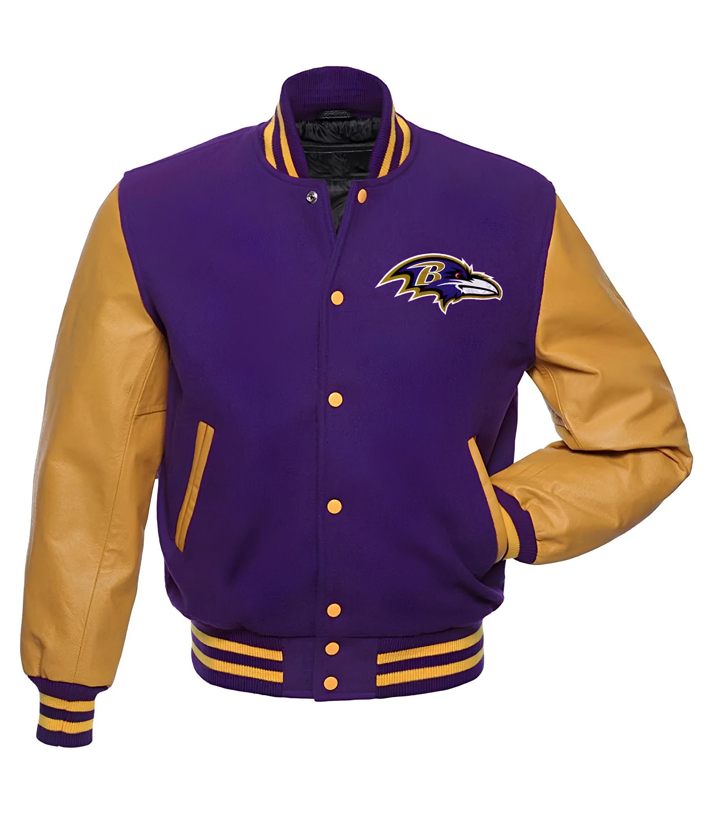 NFL Baltimore Ravens - Purple Body Gold Leather Sleeves Jacket Varsity Jacket