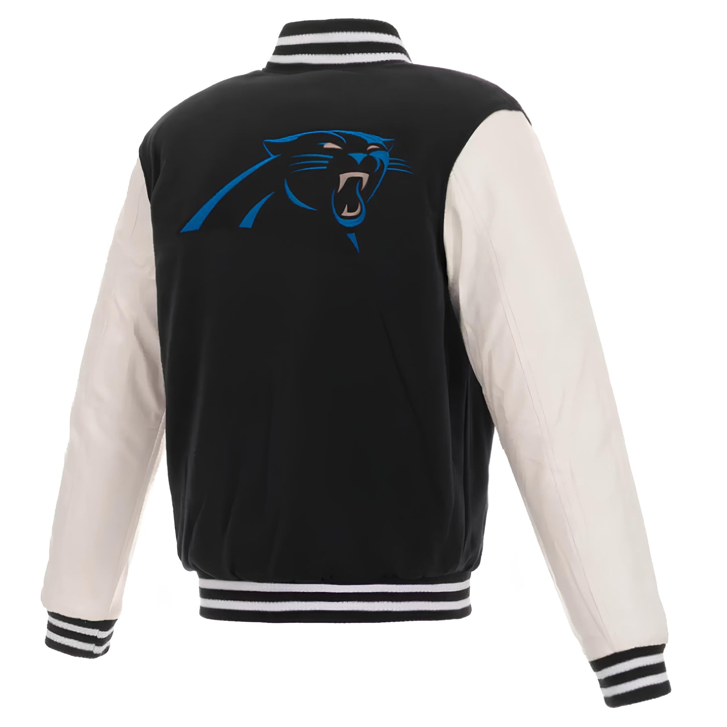 NFL Carolina Panthers - Black Body White Leather Sleeves Jacket Varsity Jacket