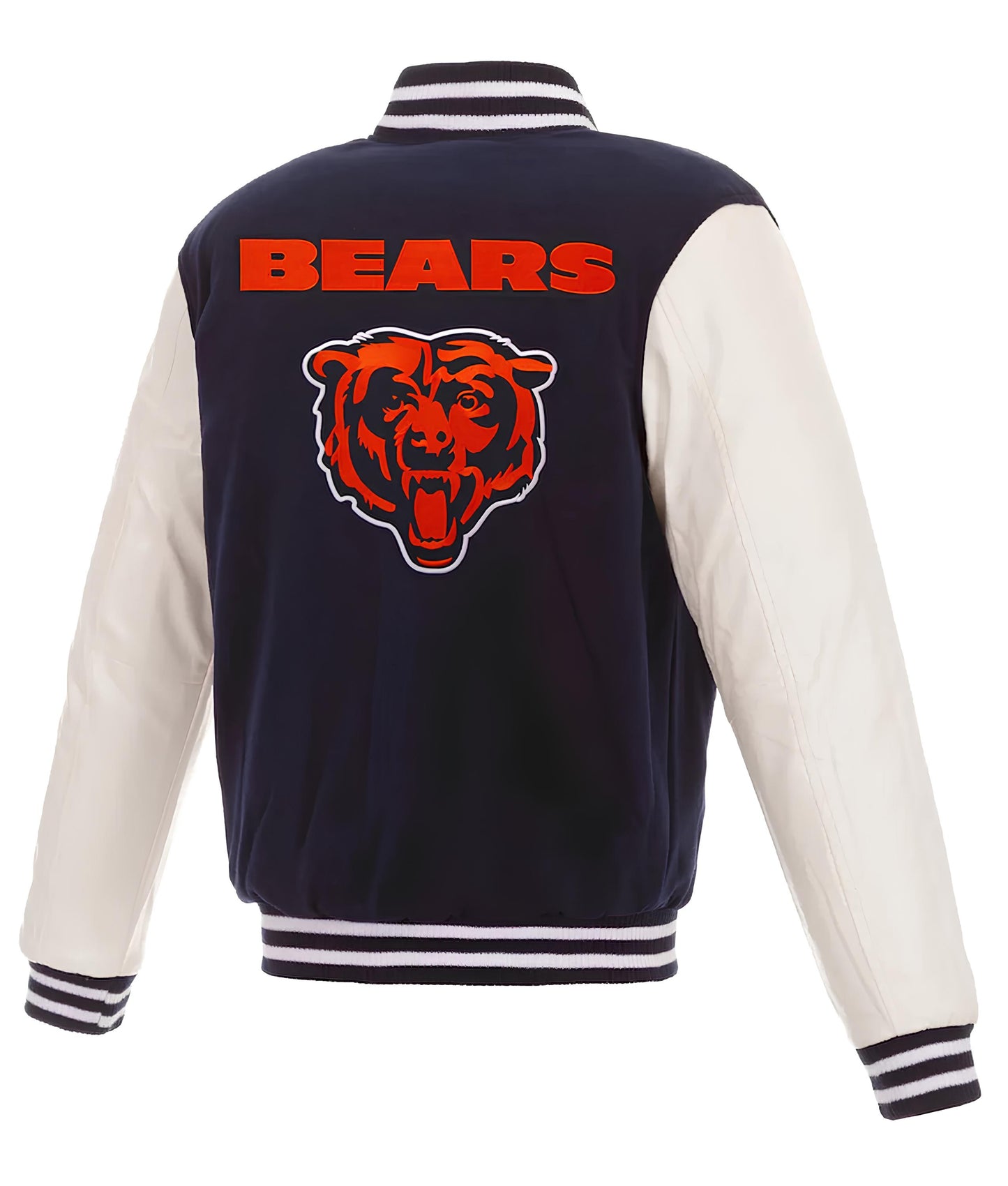 NFL Chicago Bears - Navy Blue Body White Leather Sleeves Jacket Varsity Jacket