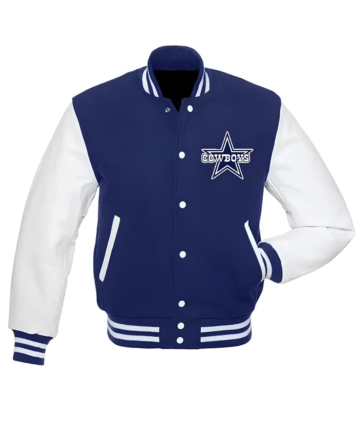 NFL Dallas Cowboys - Royal Blue Body White Leather Sleeves Jacket Varsity Jacket