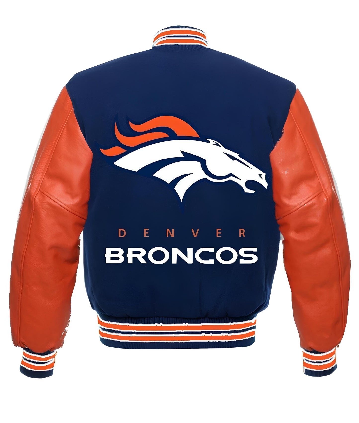 NFL Denver Broncos - Navy Blue Body Orange Leather Sleeves Jacket Varsity Jacket