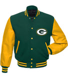 NFL Green Bay Packers - Forest Green Body Gold Leather Sleeves Jacket Varsity Jacket