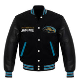 NFL Jacksonville Jaguars - Black Body Black Leather Sleeves Jacket Varsity Jacket