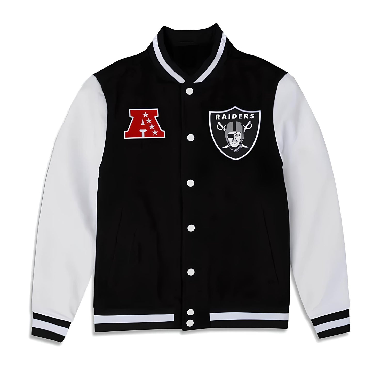 NFL Las Vegas Raiders Black Body White Leather Sleeves Jacket Varsity Jacket