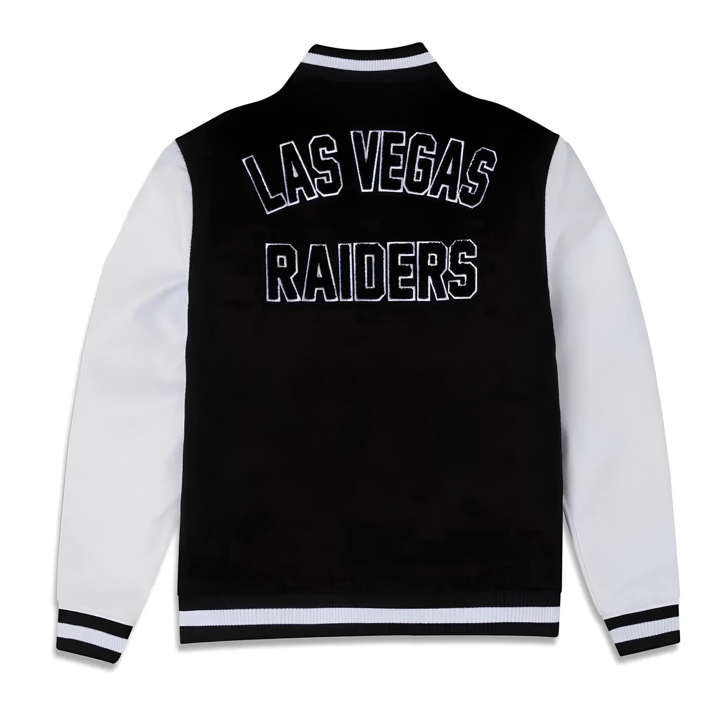 NFL Las Vegas Raiders Black Body White Leather Sleeves Jacket Varsity Jacket
