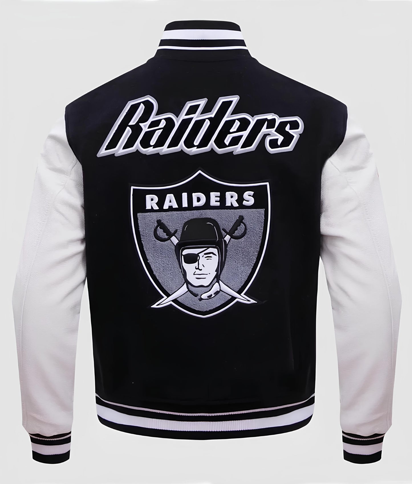 NFL Las Vegas Raiders Black Body White Leather Sleeves Jacket Varsity Jacket