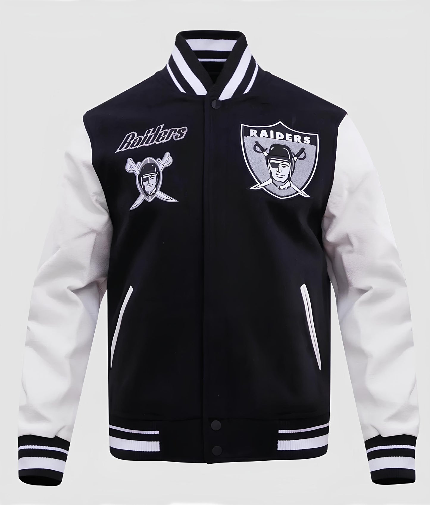 NFL Las Vegas Raiders Black Body White Leather Sleeves Jacket Varsity Jacket