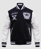 NFL Las Vegas Raiders Black Body White Leather Sleeves Jacket Varsity Jacket