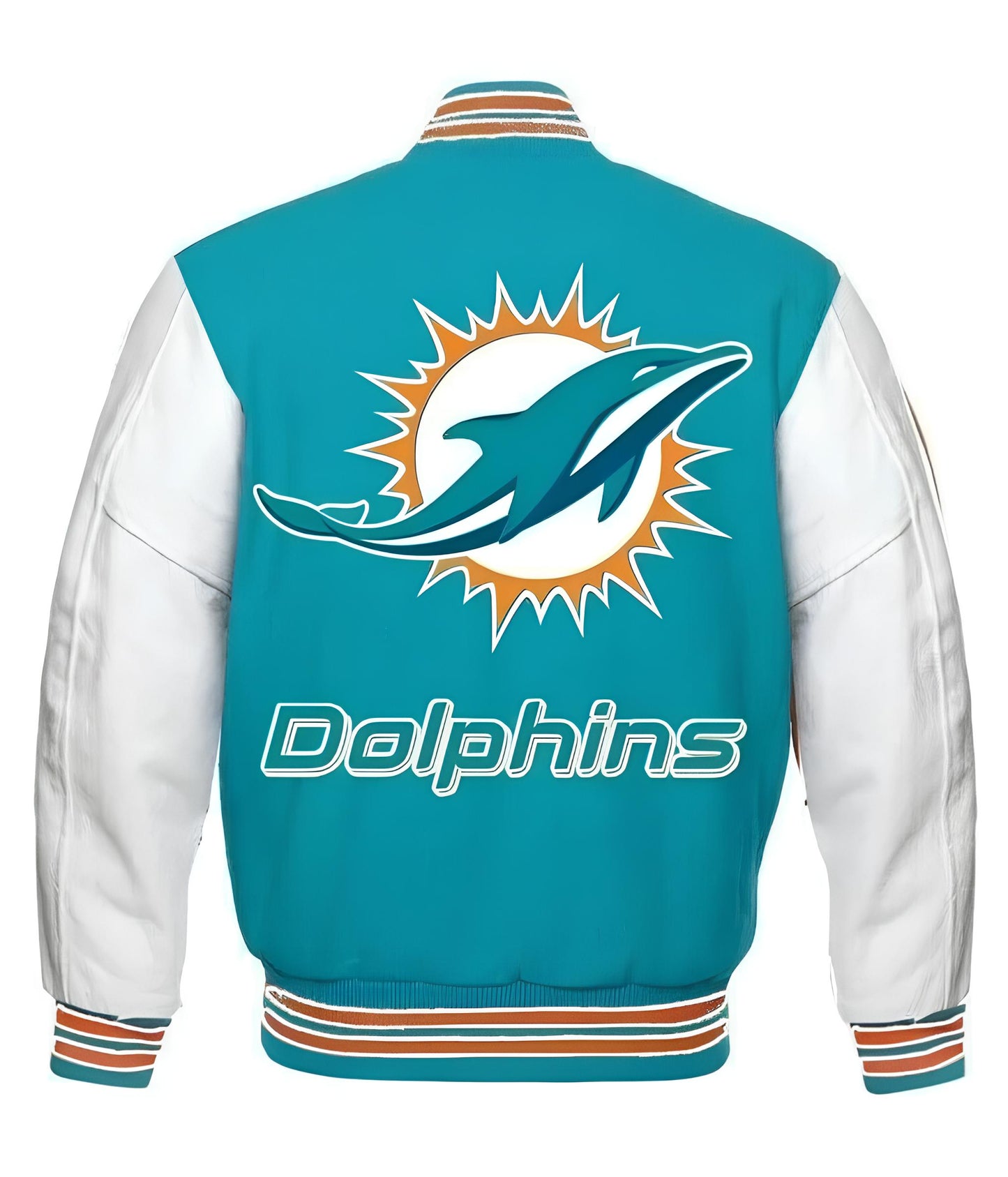 NFL Miami Dolphins Turquoise Body White Leather Sleeves Jacket Varsity Jacket