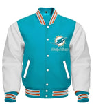NFL Miami Dolphins Turquoise Body White Leather Sleeves Jacket Varsity Jacket