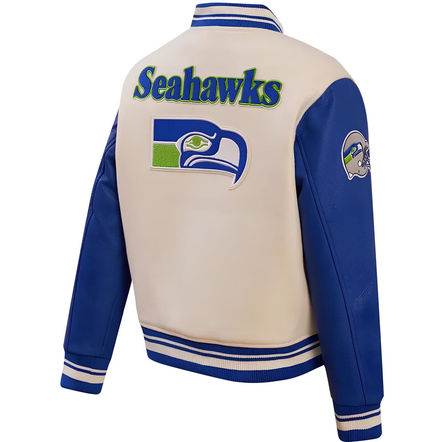 NFL Seattle Seahawks Cream Body Royal Blue Leather Sleeves Jacket Varsity Jacket