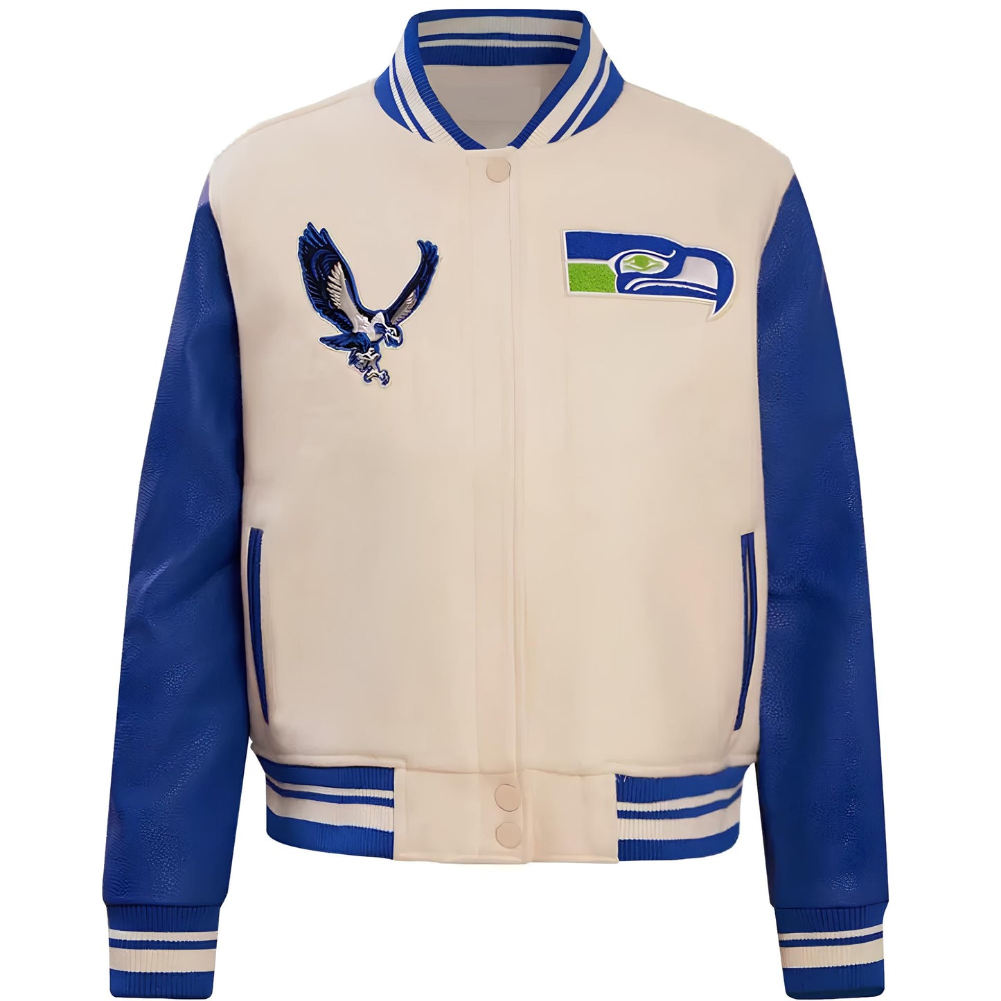 NFL Seattle Seahawks Cream Body Royal Blue Leather Sleeves Jacket Varsity Jacket