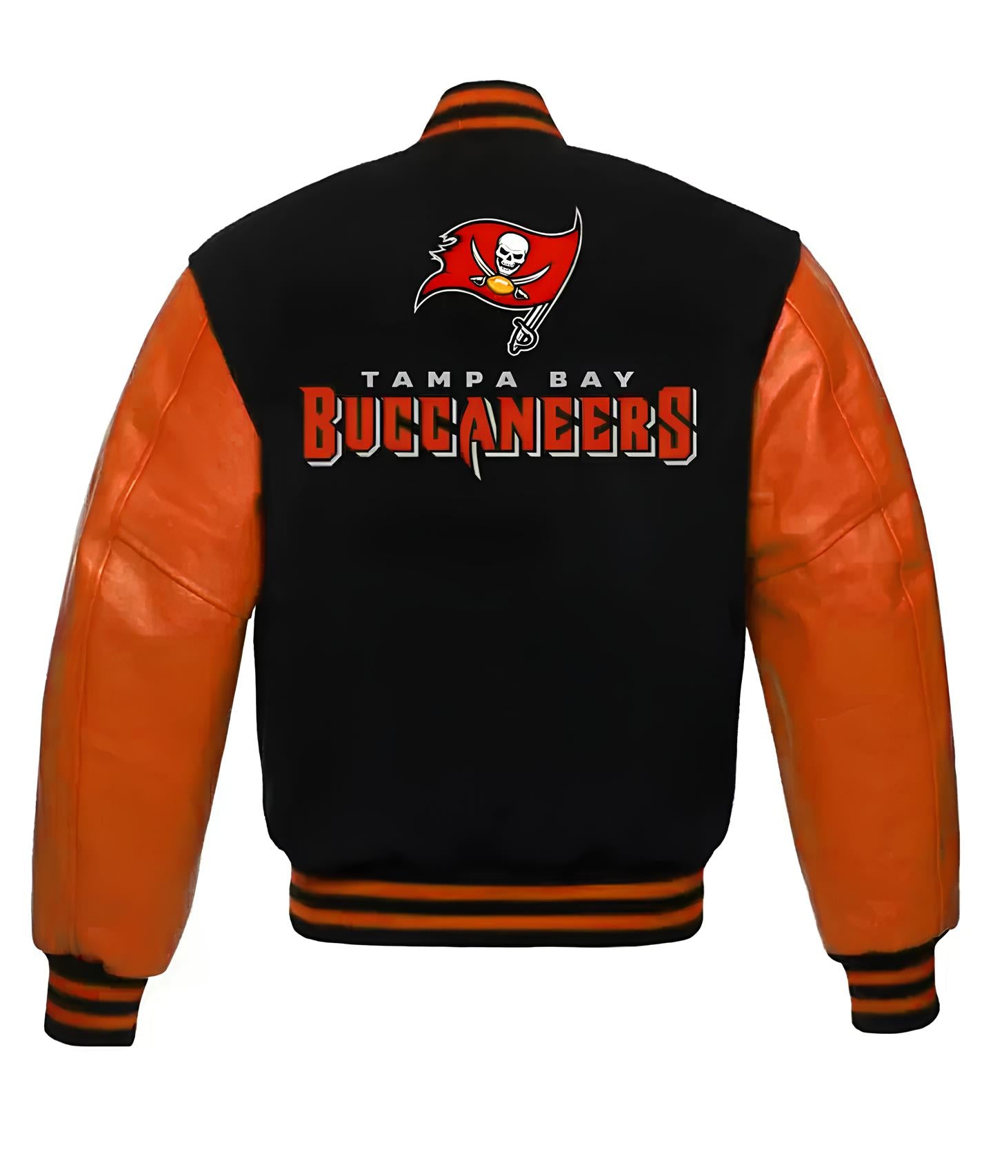 NFL Tampa Bay Buccaneers Black Body Orange Leather Sleeves Jacket Varsity Jacket