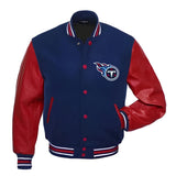 NFL Tennessee Titans Navy Blue Body Red Leather Sleeves Jacket Varsity Jacket